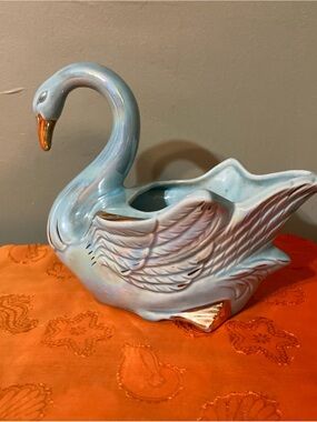 Swan - Vintage Royal Copley Blue & Gold Lustreware Swan Planter, Vase or Decor